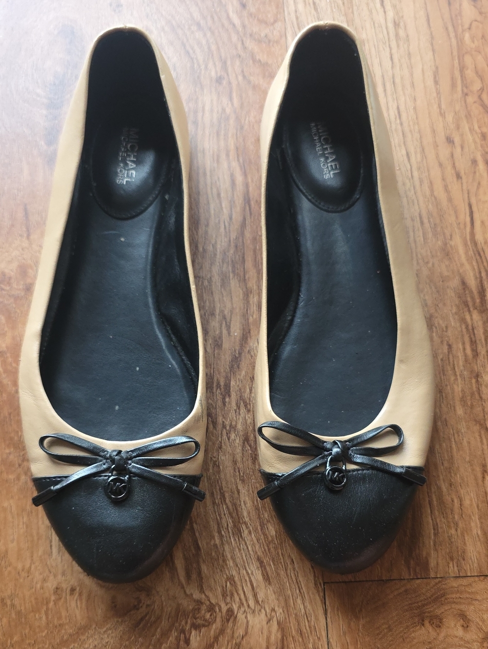 MICHAEL Michael Kors Two-Tone Leather Ballet Flats in Tan and Black